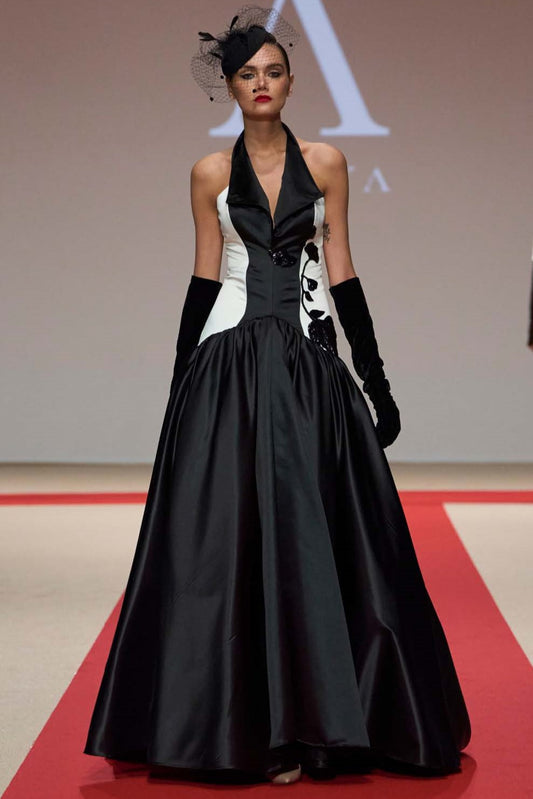 Halter Neck A-Line Pleated Gown