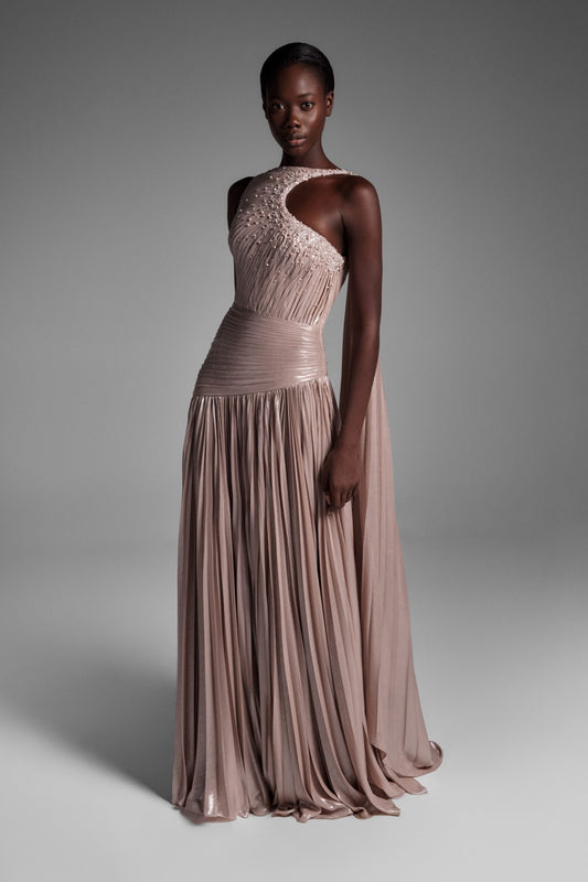 Lurex Chiffon Slit Gown