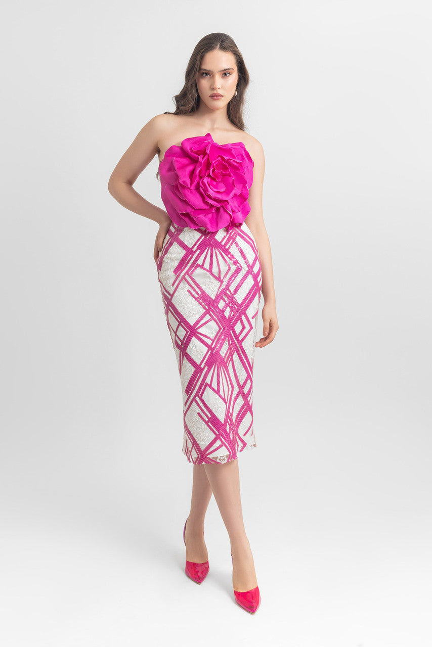 Strapless-Floral Sequin Pencil-Cut Midi Dress