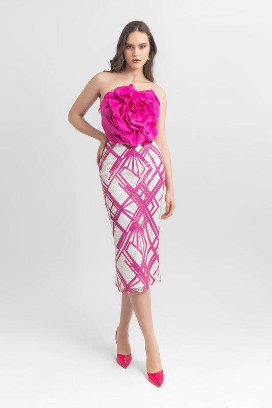 Strapless-Floral Sequin Pencil-Cut Midi Dress