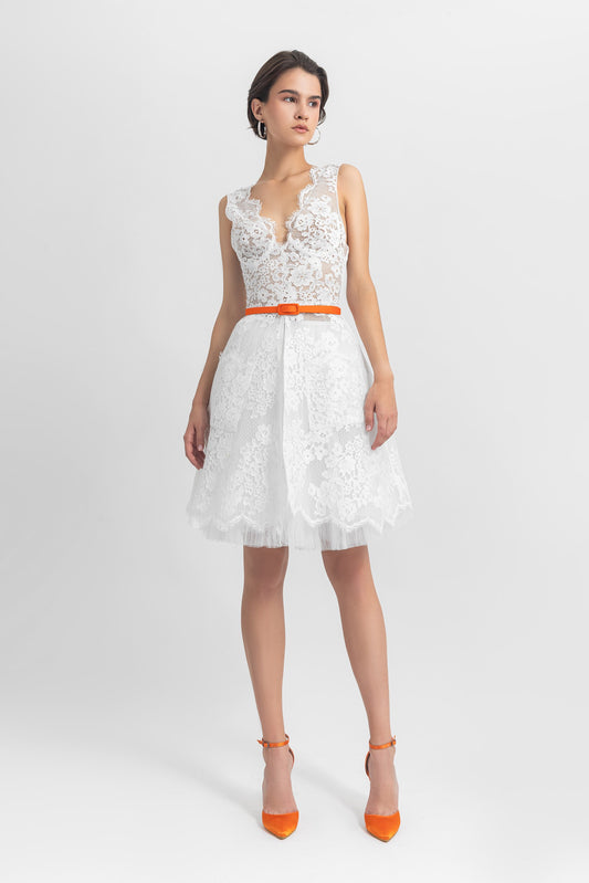 Deep V-Neck Lace Top and Skirt