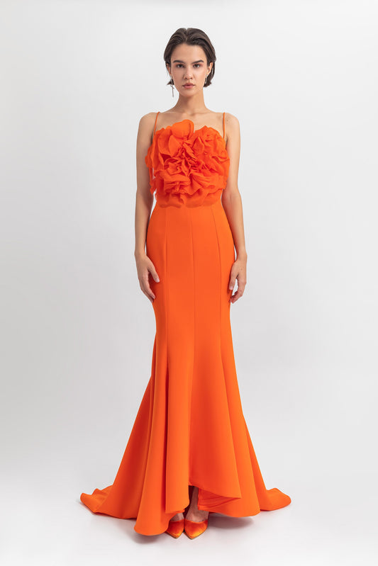 Flower Draped Crepe Mermaid Gown