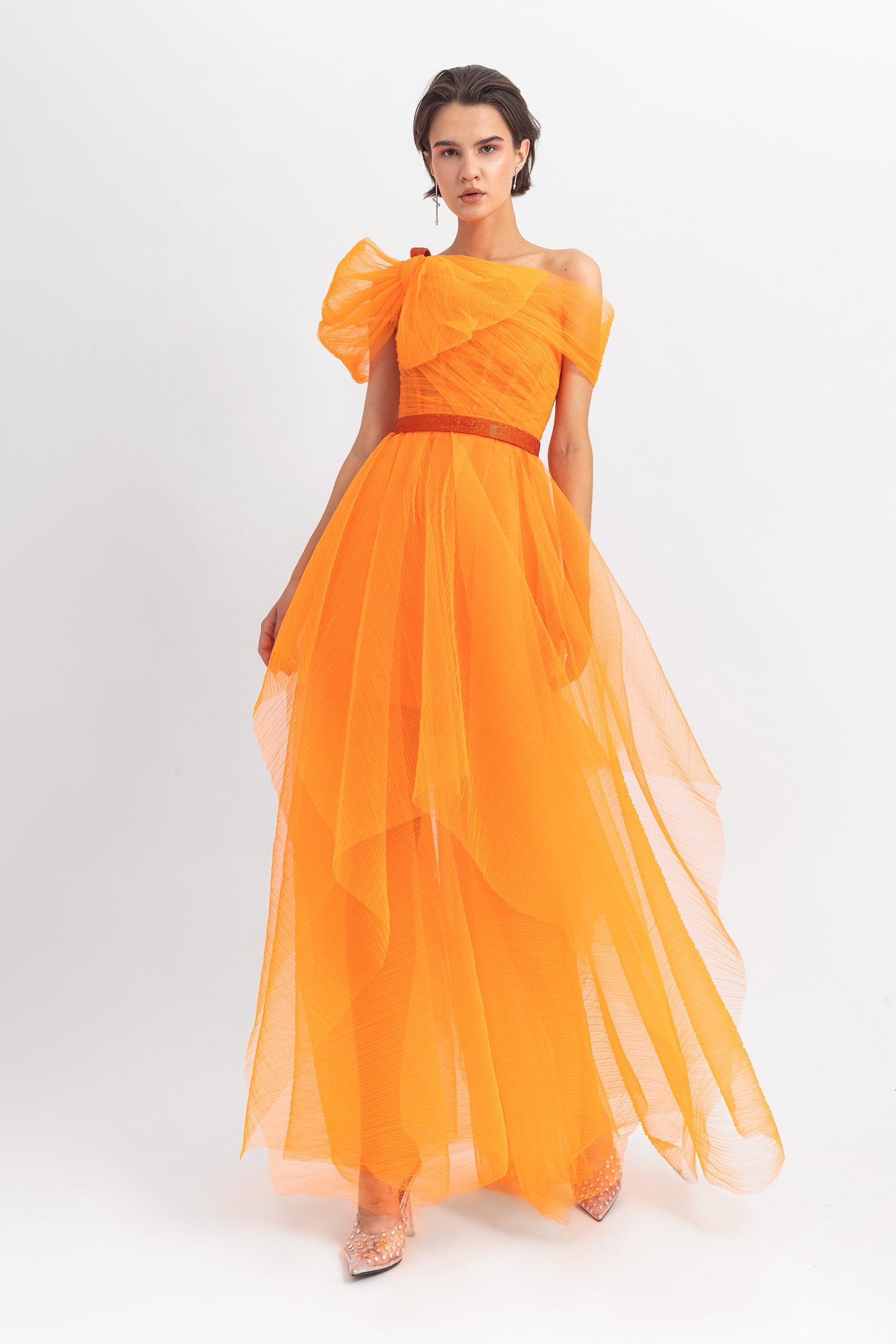 Asymmetrical Draped Tulle Gown