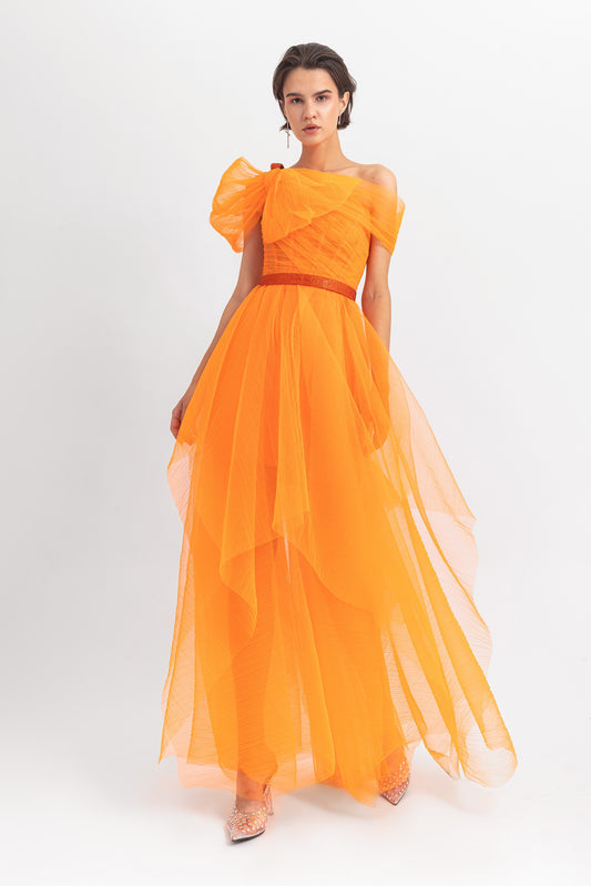 Asymmetrical Draped Tulle Gown