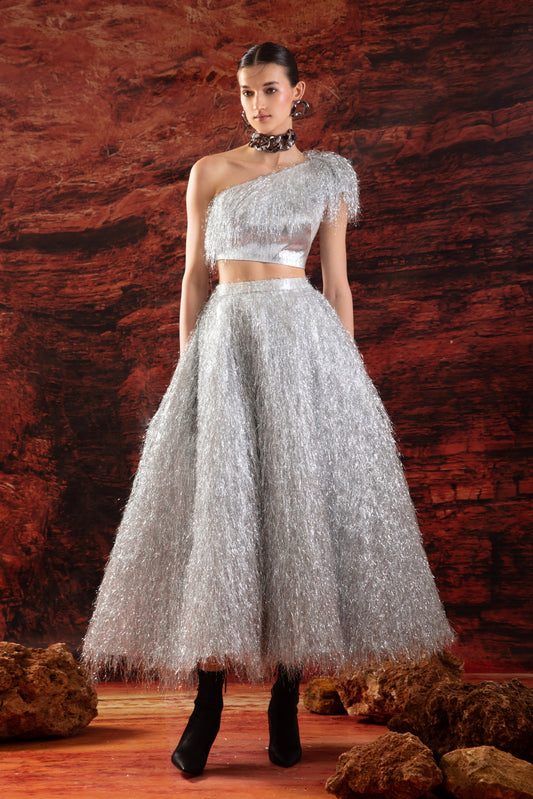 Silver One Shoulder Top with Skirt