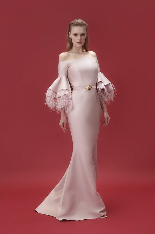 Off Shoulder Gown with Fringe Feathers