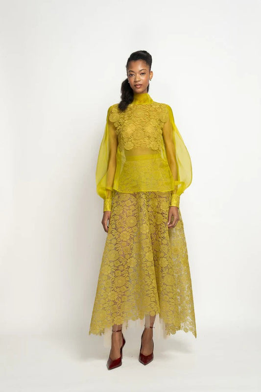 Chartreuse Smita Lace and Silk Organza Blouse
