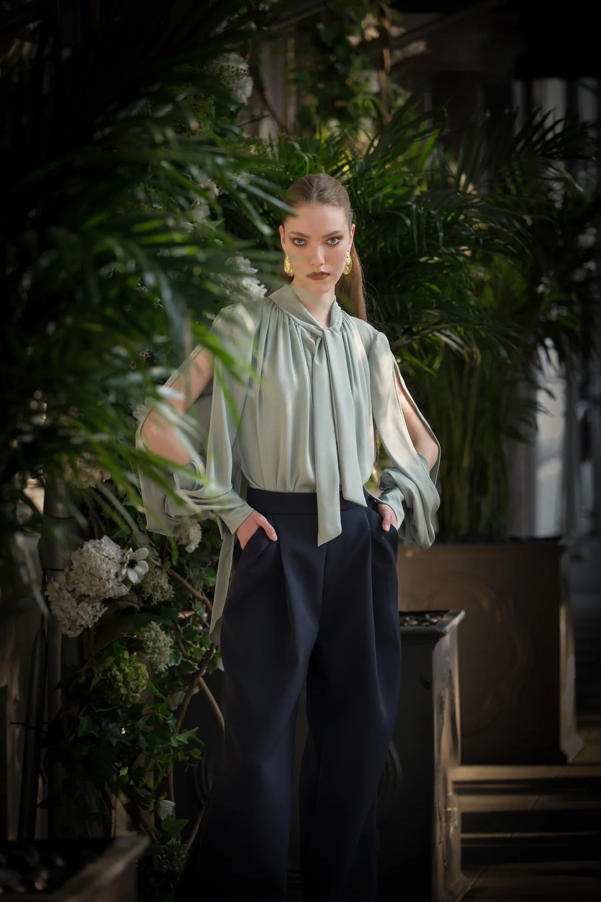 Navy Cady Front Pleat Trousers