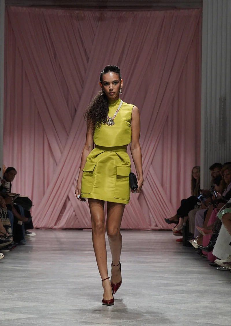 Chartreuse Wing Faille Top & Cargo Mini Skirt