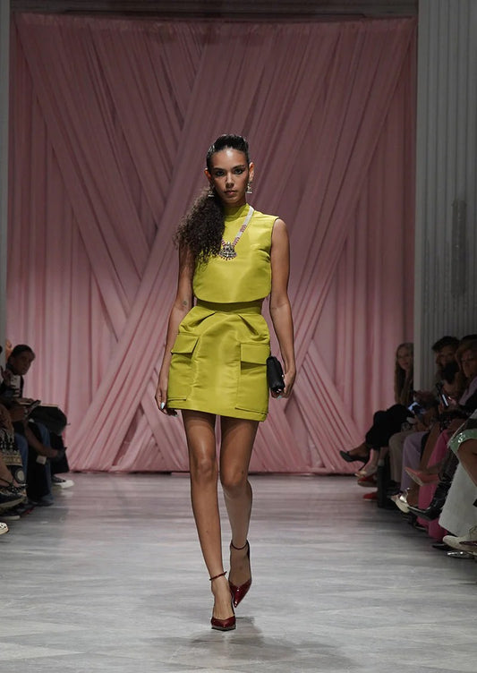 Chartreuse Wing Faille Top & Cargo Mini Skirt