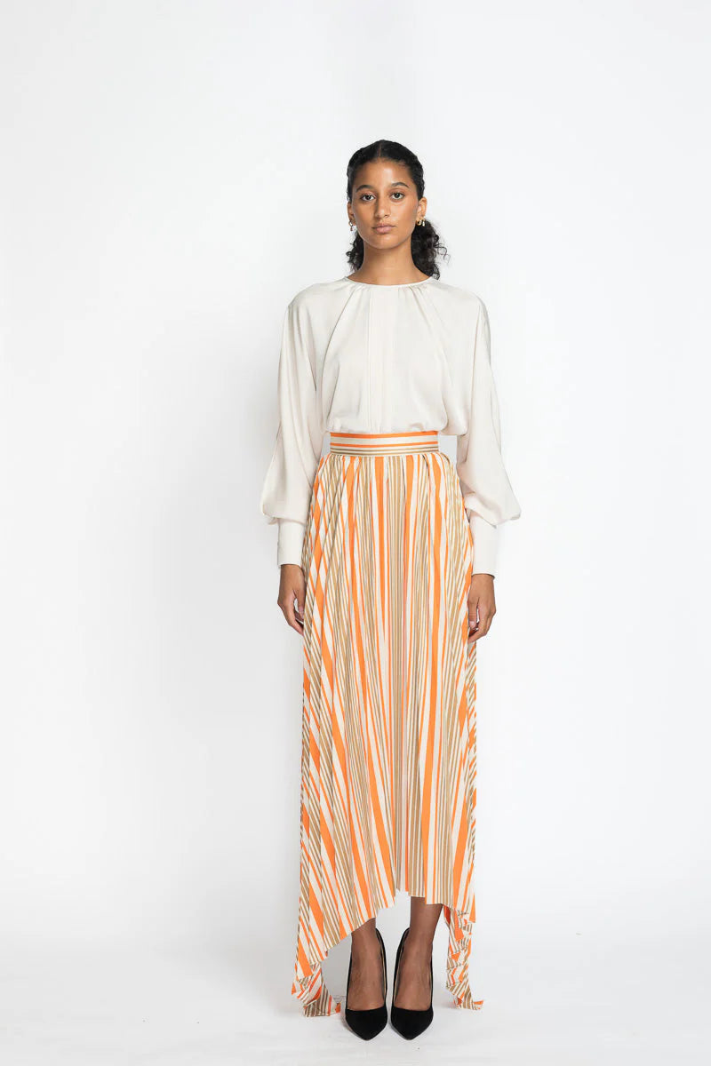 Striped Twill Sunburst Pleated Skirt