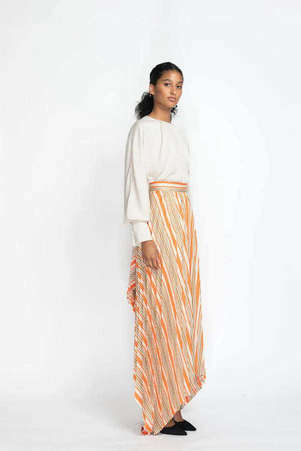 Striped Twill Sunburst Pleated Skirt