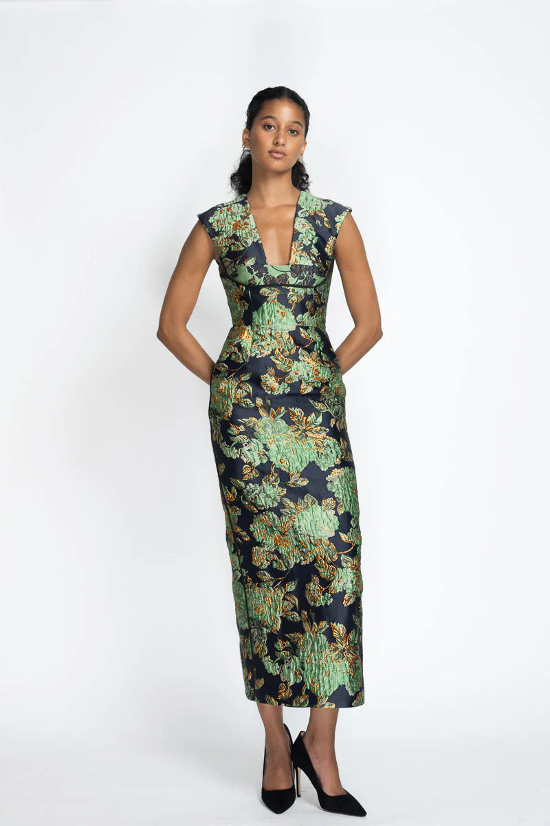 Gilded Grove Jacquard Sheath Dress