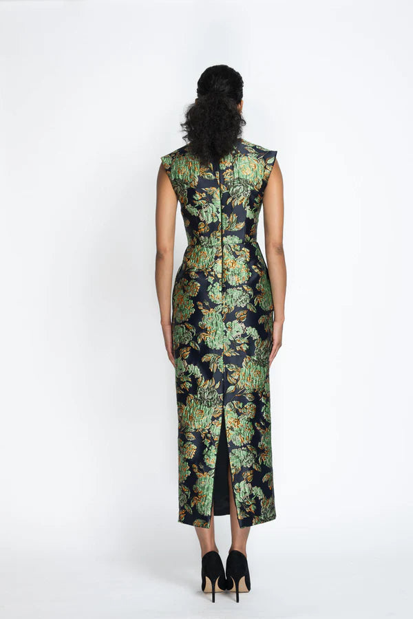 Gilded Grove Jacquard Sheath Dress