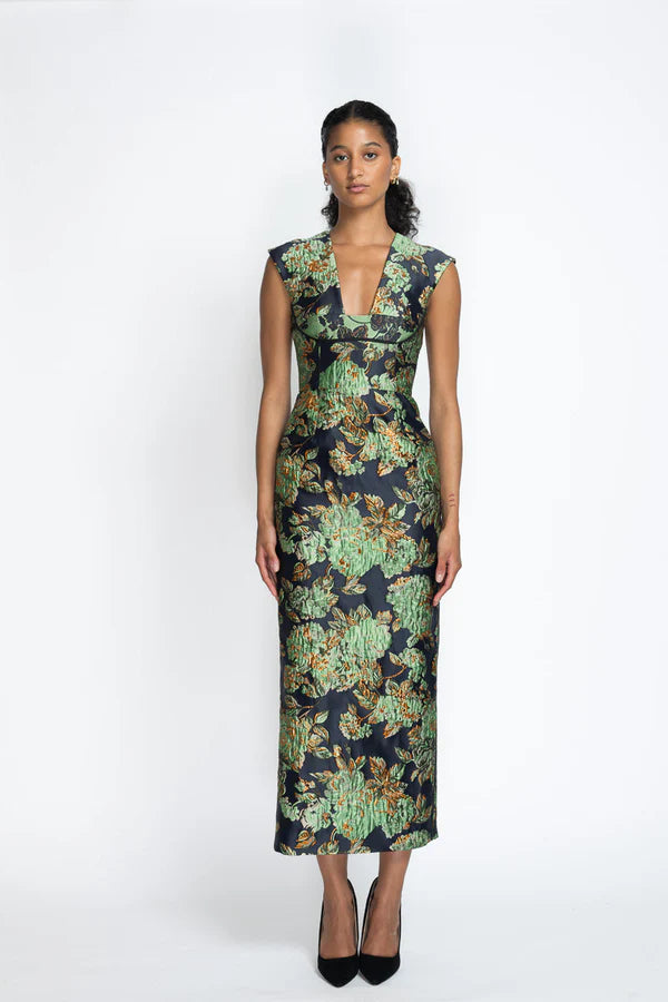 Gilded Grove Jacquard Sheath Dress