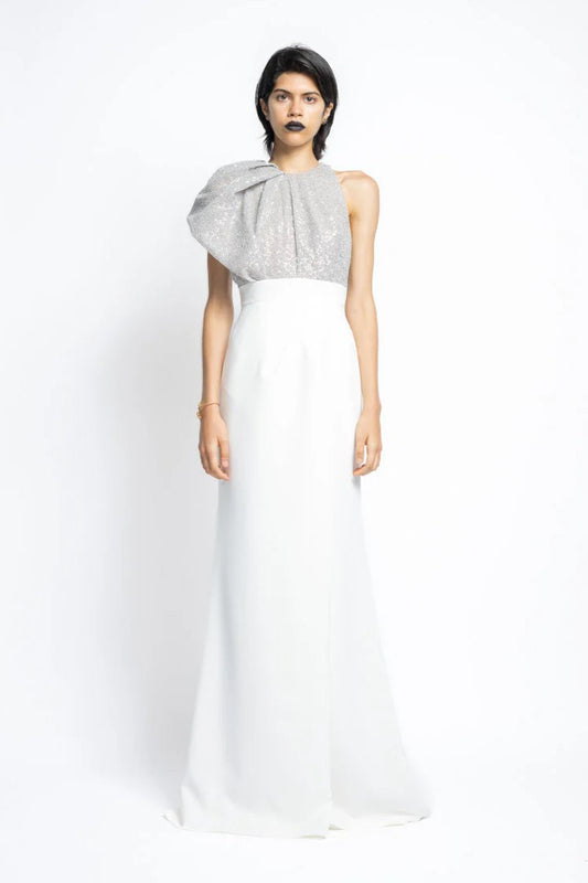 Nailhead Hand Embroidered Sequin and Crepe Gown