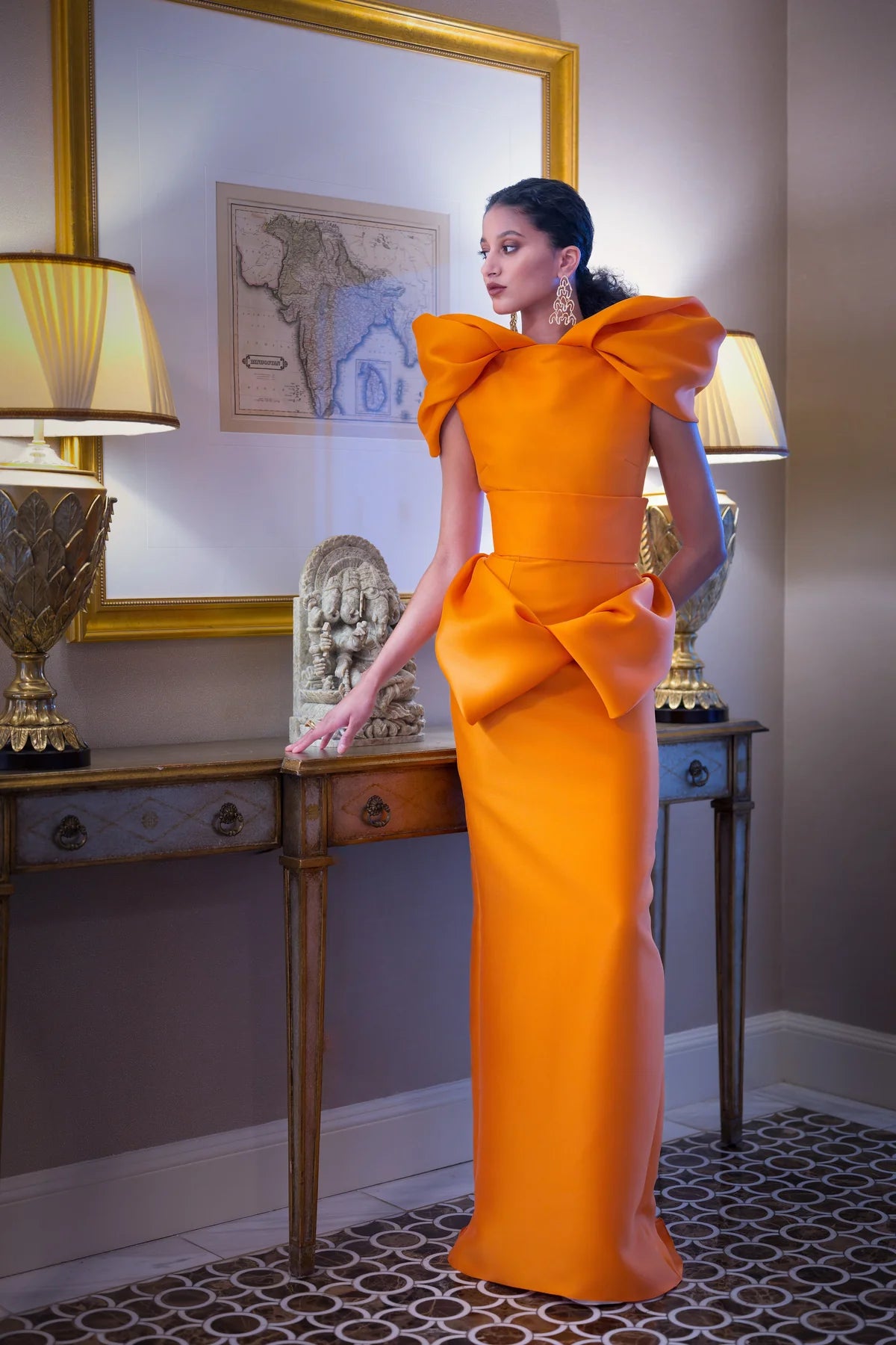 Tangerine Gazar Skirt with Petal Drape