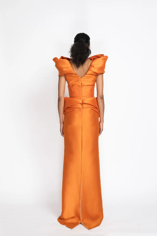 Tangerine Gazar Skirt with Petal Drape