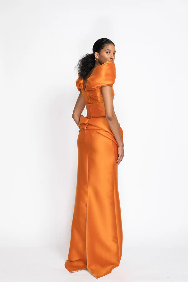 Tangerine Gazar Skirt with Petal Drape