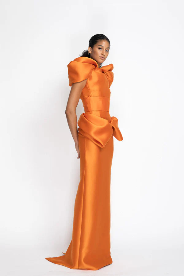 Tangerine Gazar Skirt with Petal Drape