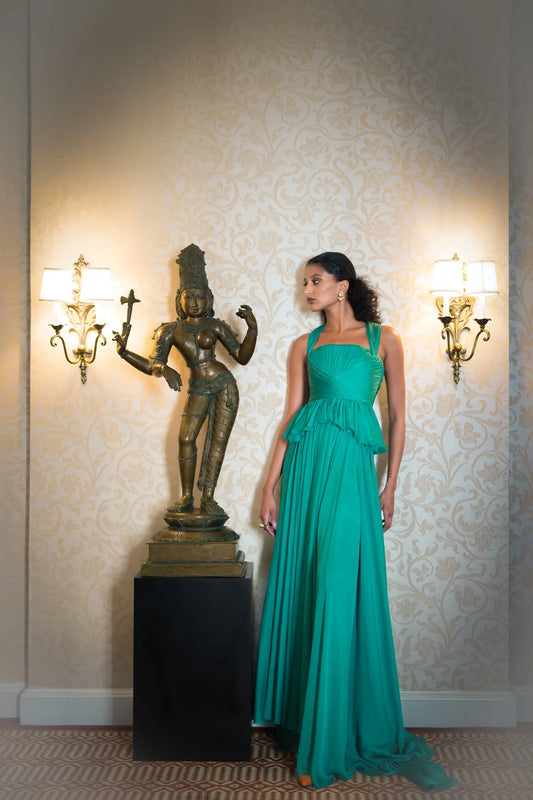 Lagoon Blue Hand Pleated Silk Mousseline Gown