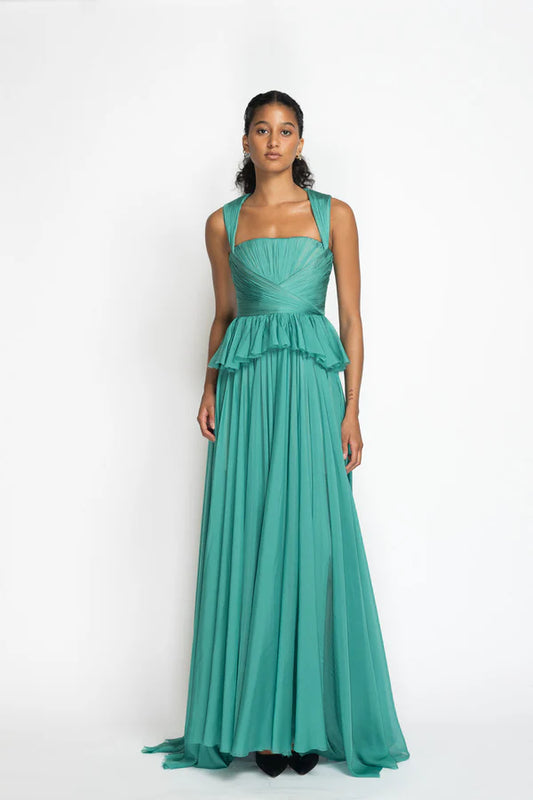Lagoon Blue Hand Pleated Silk Mousseline Gown