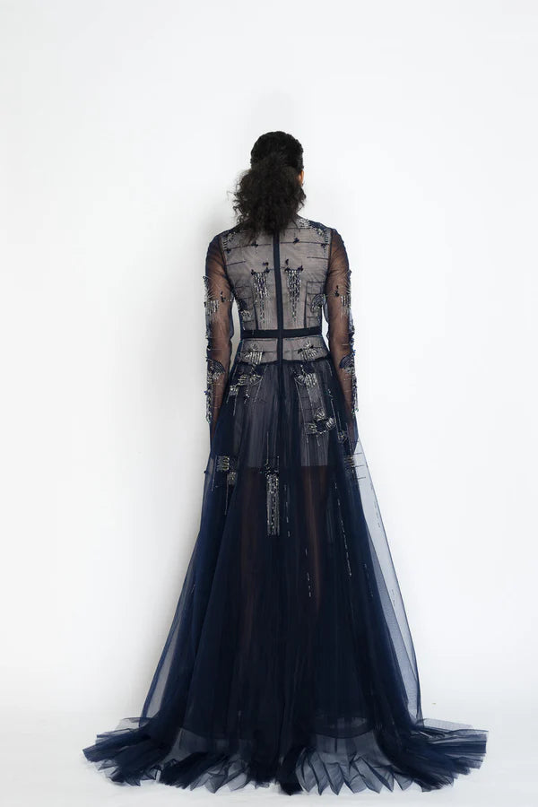 Rice Plume Embroidery Tulle Gown