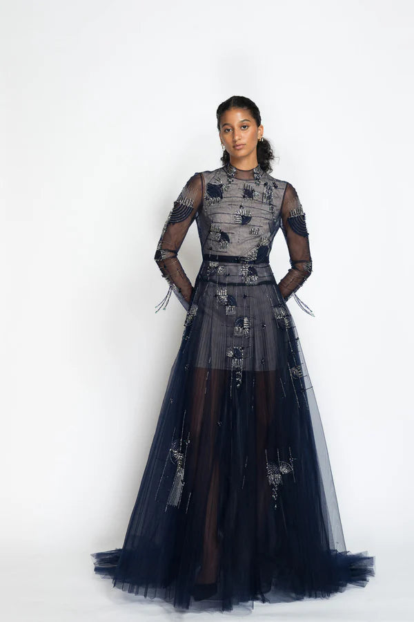 Rice Plume Embroidery Tulle Gown