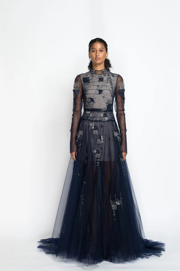 Rice Plume Embroidery Tulle Gown