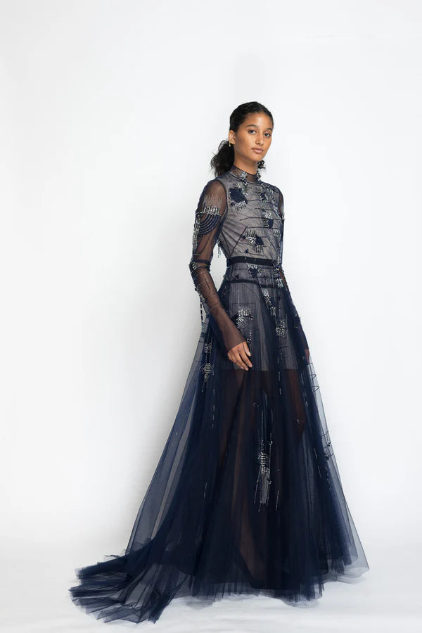 Rice Plume Embroidery Tulle Gown