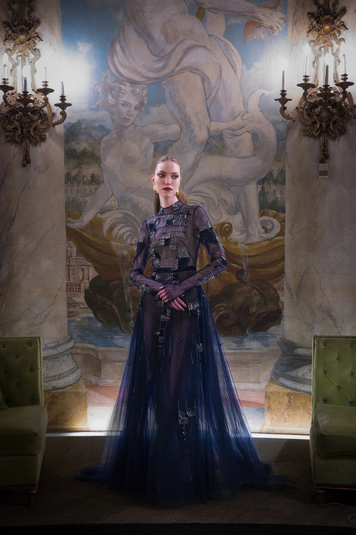 Rice Plume Embroidery Tulle Gown