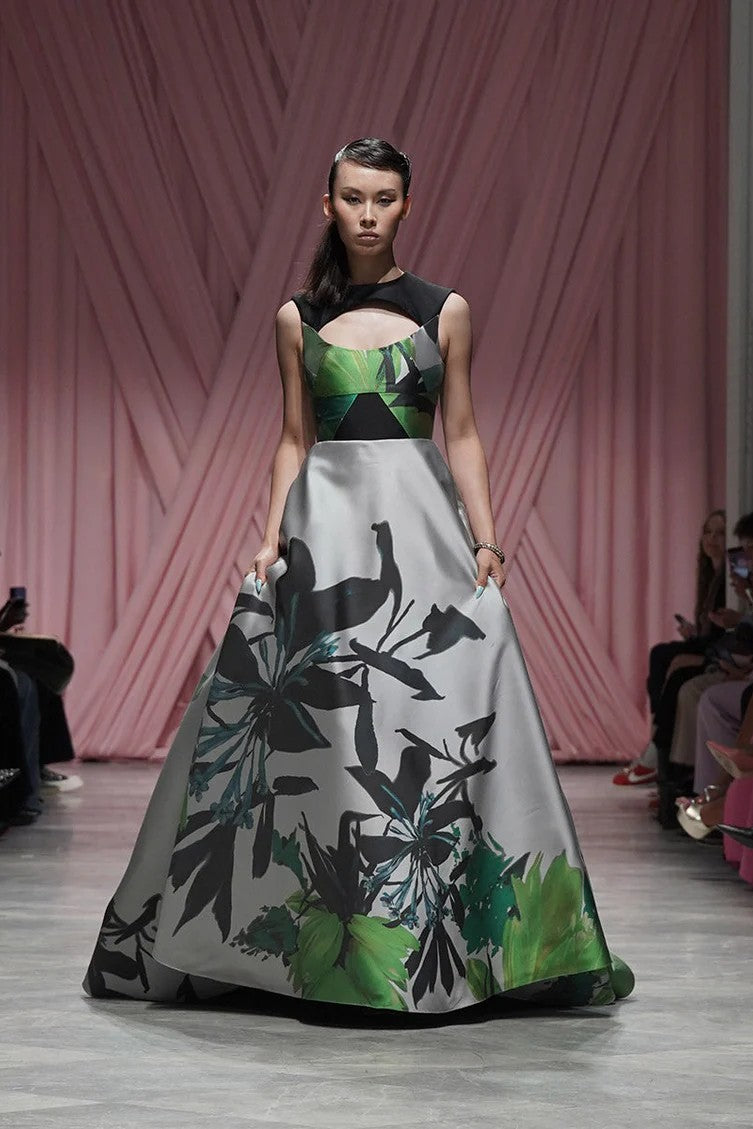 Silver Lata Print Barathea Ball Gown