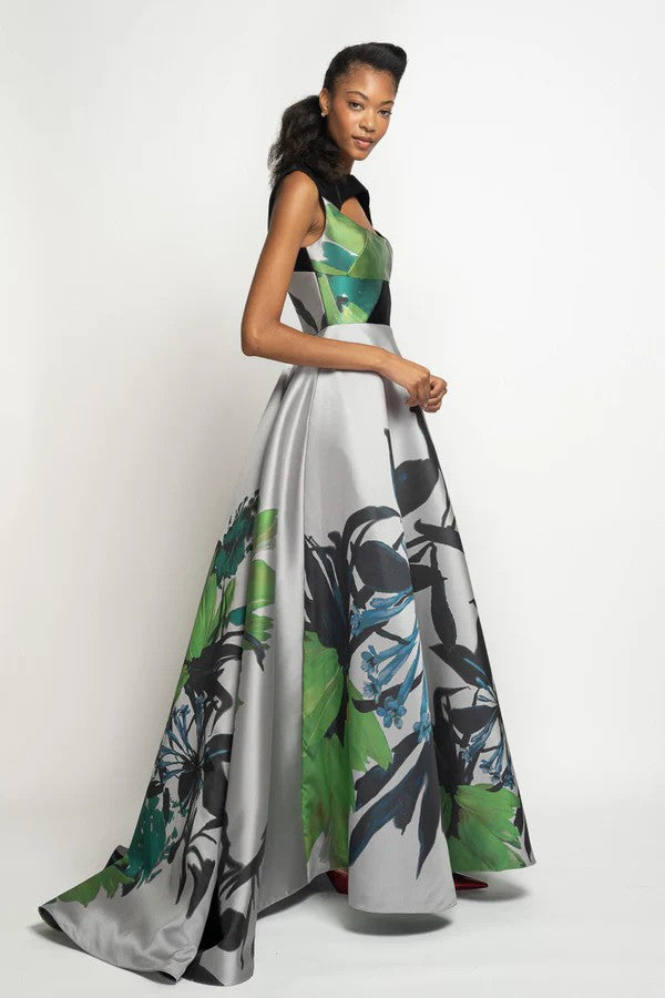 Silver Lata Print Barathea Ball Gown