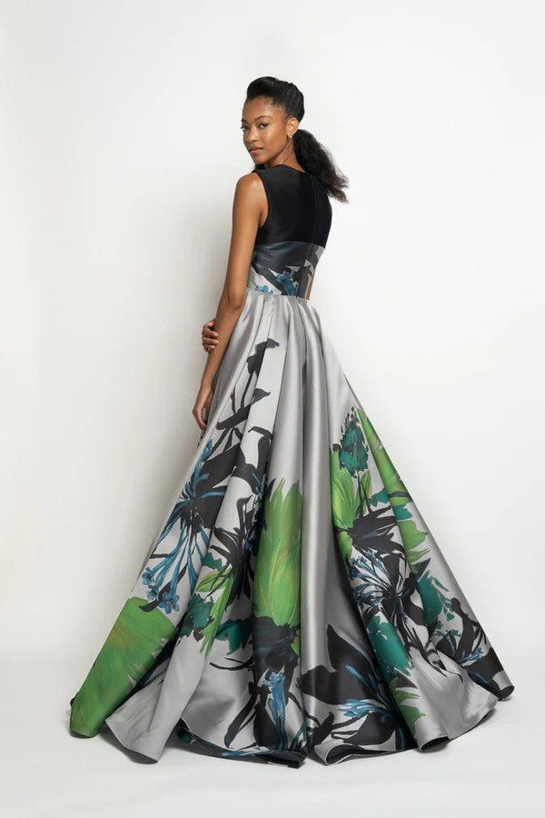 Silver Lata Print Barathea Ball Gown