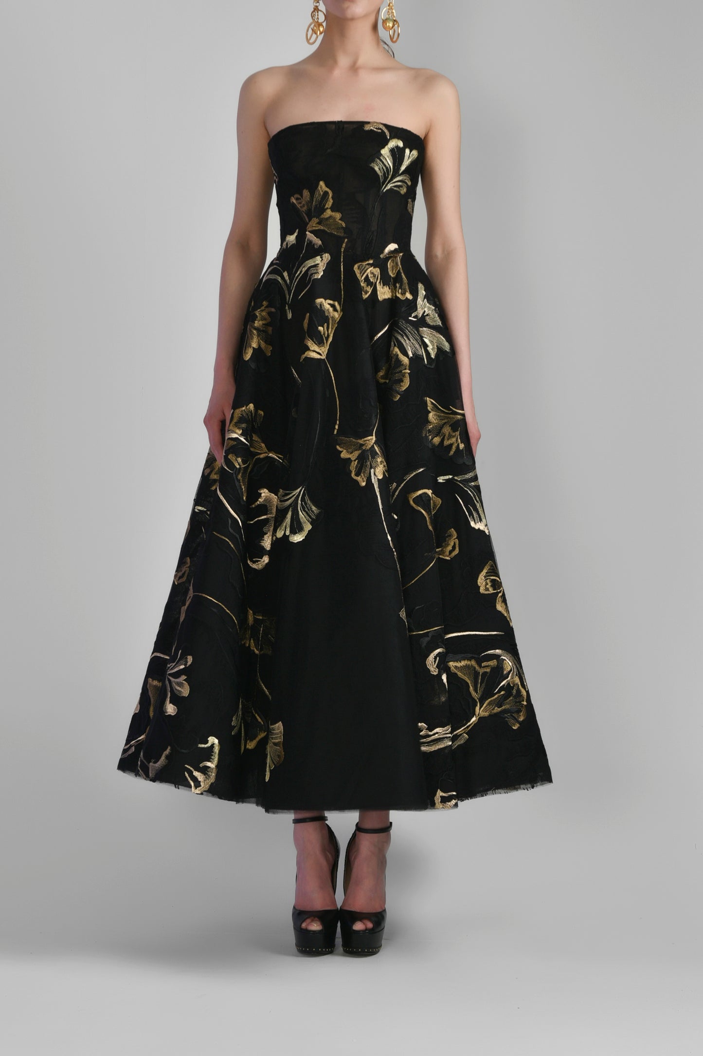 Strapless Embroidered Tea-Length Dress