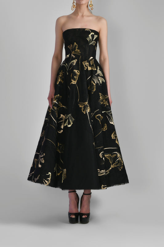 Strapless Embroidered Tea-Length Dress