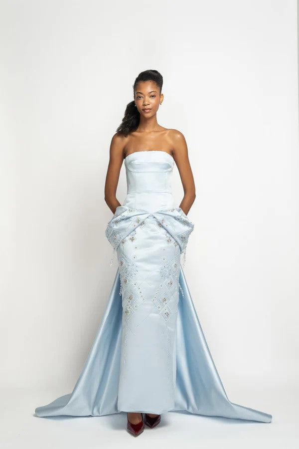 Aqua Satin Strapless Gown