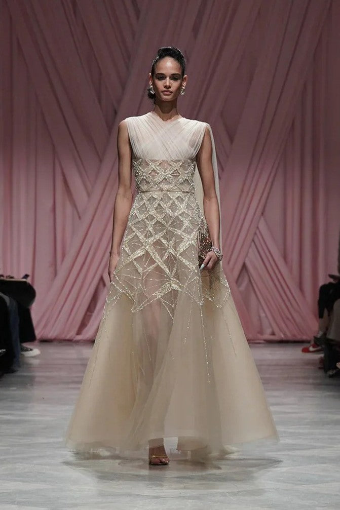 Nude Tulle Pleated Gown