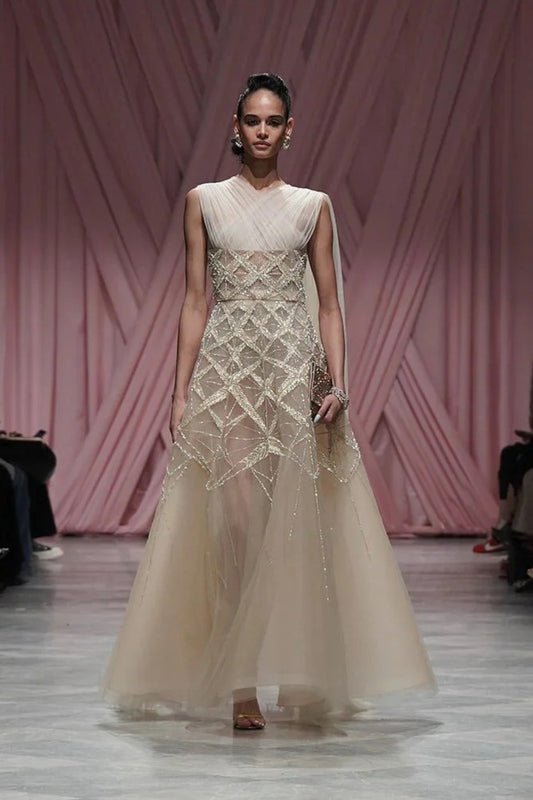 Nude Tulle Pleated Gown