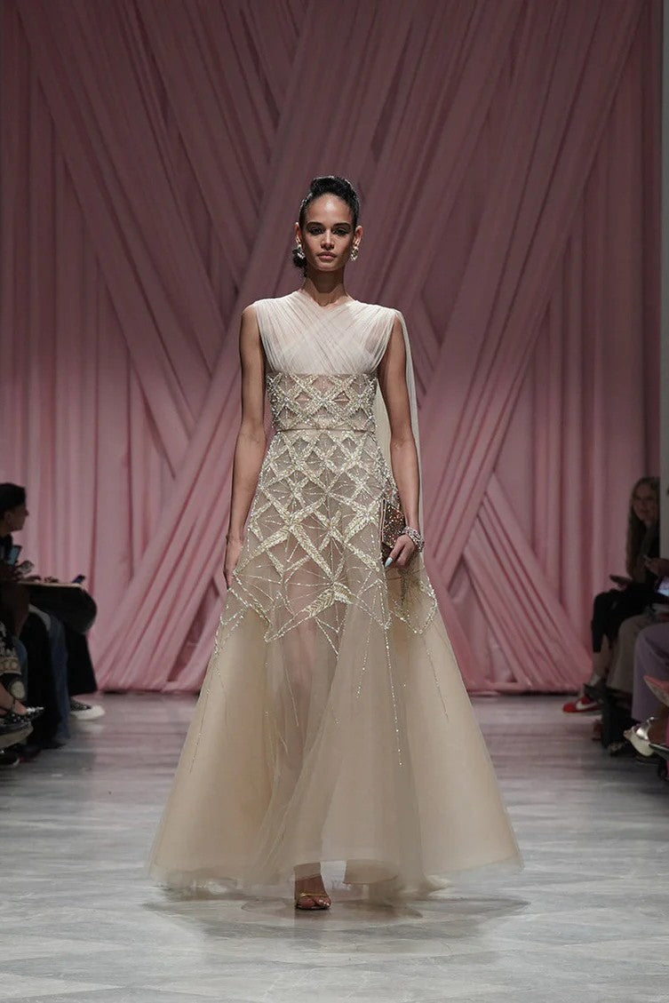 Nude Tulle Pleated Gown