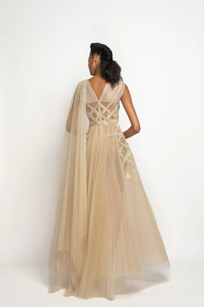 Nude Tulle Pleated Gown