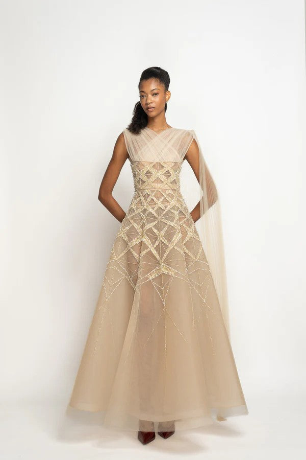 Nude Tulle Pleated Gown