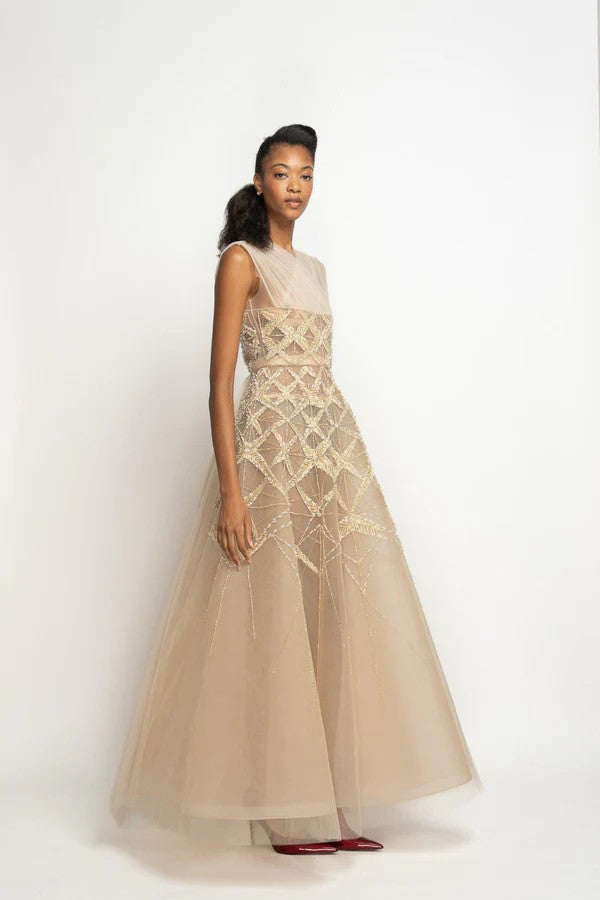 Nude Tulle Pleated Gown