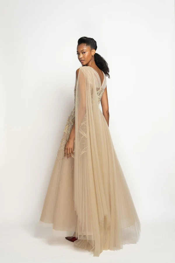Nude Tulle Pleated Gown