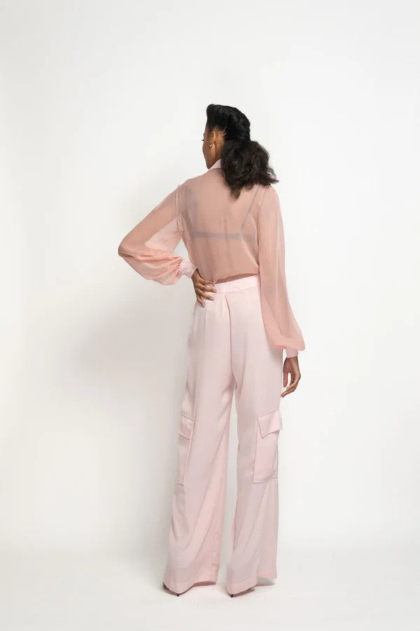 Blossom Pink Satin Crepe Cargo Trousers