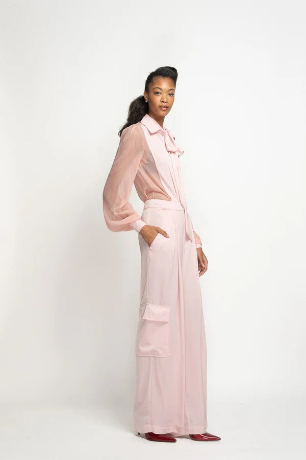Blossom Pink Satin Crepe Cargo Trousers