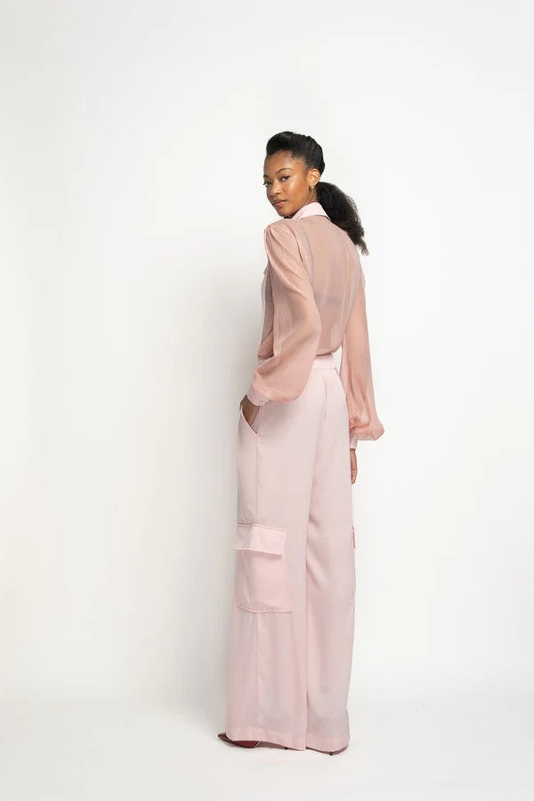 Blossom Pink Satin Crepe Cargo Trousers
