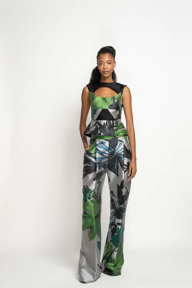 Silver and Green Lata Printed Barathea Top