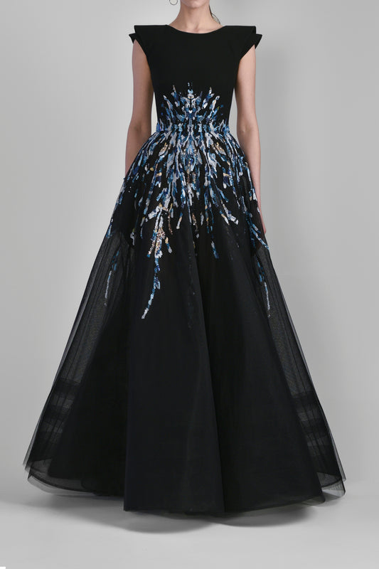 Tulle Beaded Gown with Tiered Shoulders