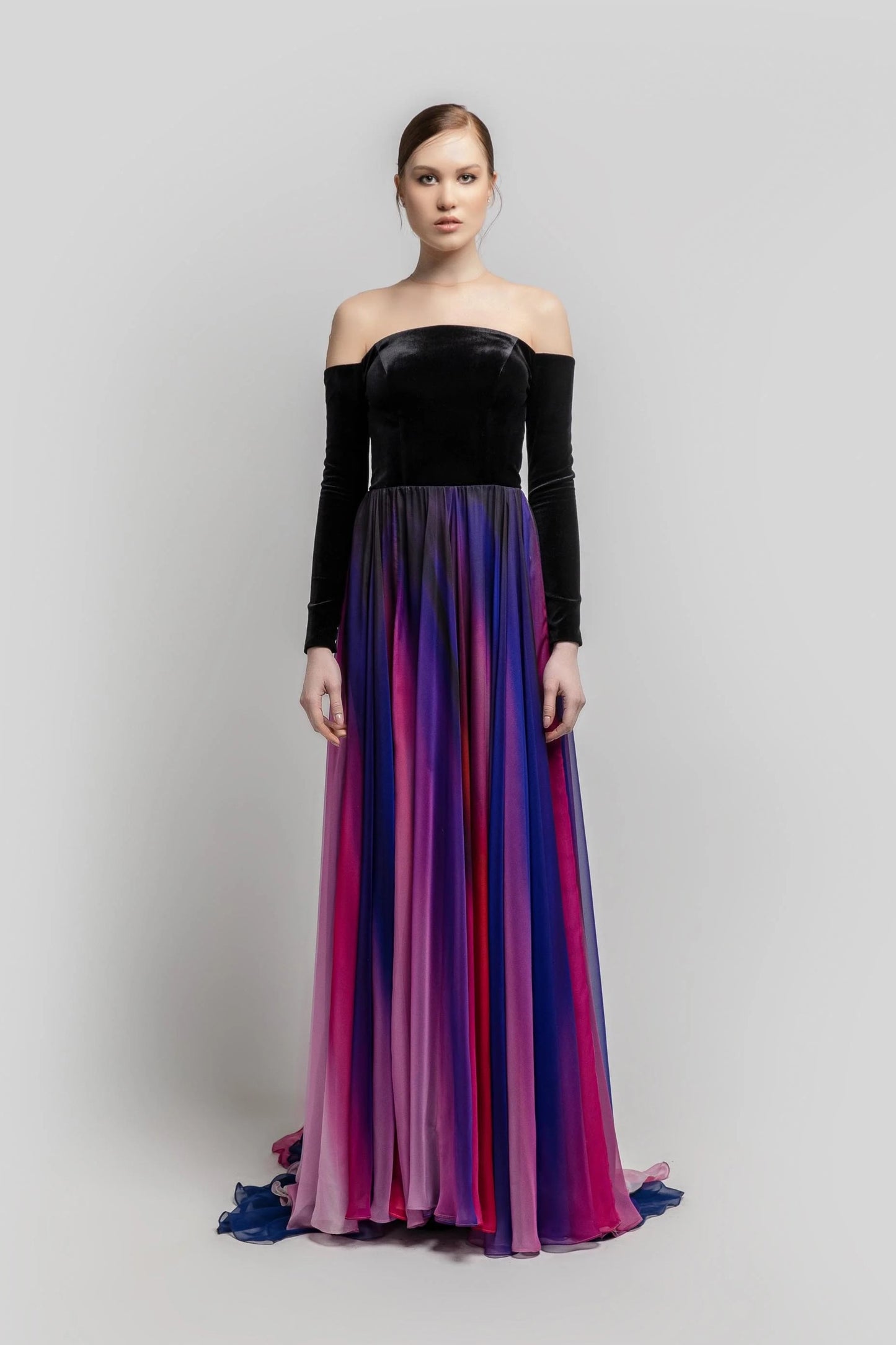 Off the Shoulder Long Sleeve Pleated Gown